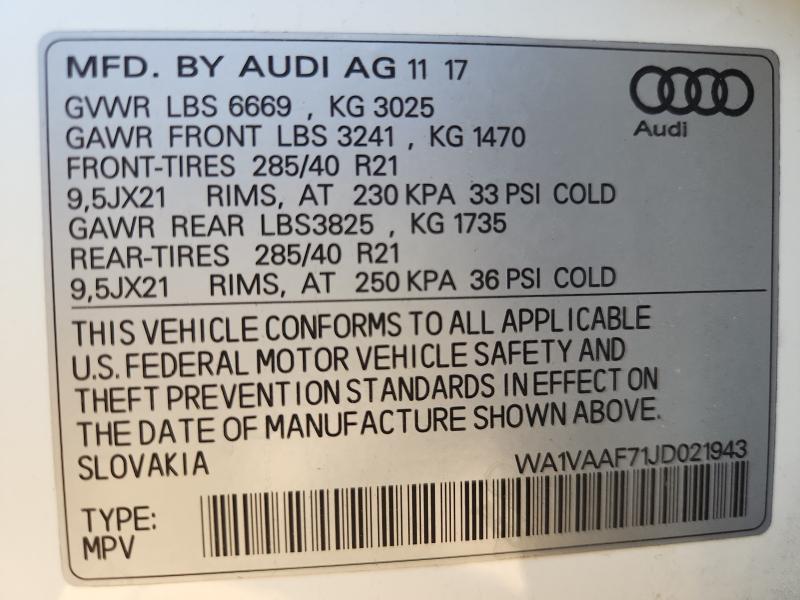 WA1VAAF71JD021943 - 2018 AUDI Q7 PRESTIGE Білий фото 14
