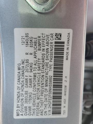 2HGFE2F58NH559892 - 2022 HONDA CIVIC SPORT SILVER photo 12