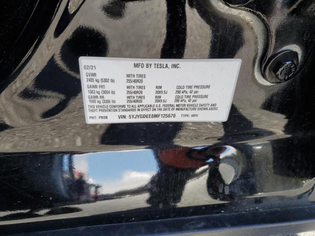 5YJYGDEE8MF125670 - 2021 TESLA MODEL Y Czarny zdjęcie 12