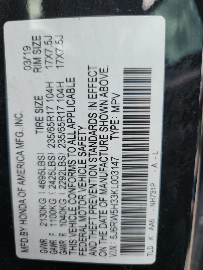 5J6RW5H33KL003147 - 2019 HONDA CR-V LX Қара фото 12