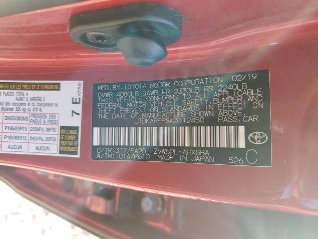 JTDKARFP8K3112450 - 2019 TOYOTA PRIUS PRIM Kırmızı fotoğraf 13