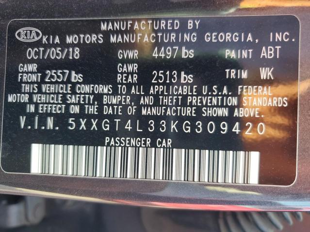 5XXGT4L33KG309420 - 2019 KIA OPTIMA LX ნაცრისფერი ფოტო 13