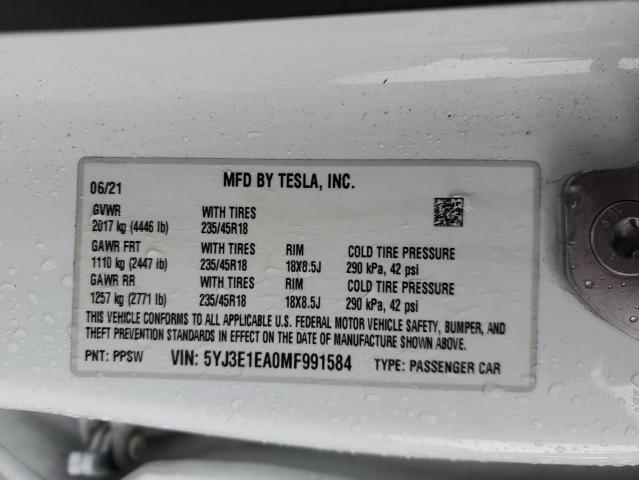 5YJ3E1EA0MF991584 - 2021 TESLA MODEL 3 Білий фото 13