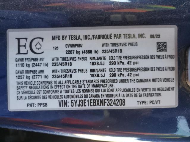 5YJ3E1EBXNF324208 - 2022 TESLA MODEL 3 BLUE photo 12