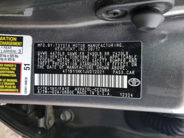 4T1B11HK1JU012021 - 2018 TOYOTA CAMRY L GRAY photo 12