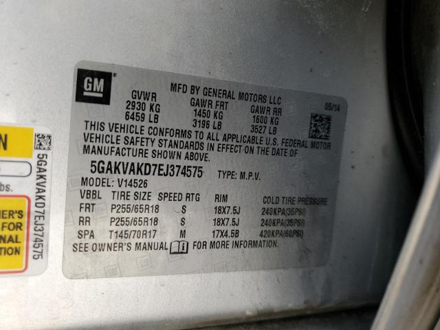 5GAKVAKD7EJ374575 - 2014 BUICK ENCLAVE 银色 照片 13