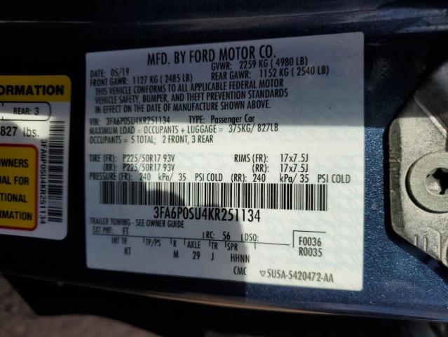 3FA6P0SU4KR251134 - 2019 FORD FUSION TITANIUM Niebieski zdjęcie 12