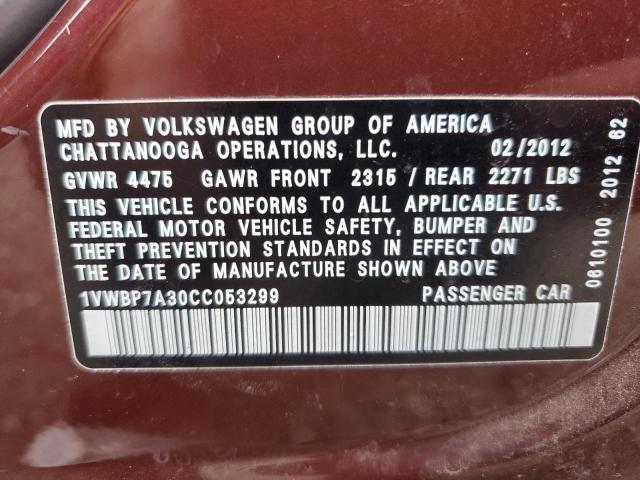 1VWBP7A30CC053299 - 2012 VOLKSWAGEN PASSAT SE წითელი ფოტო 12