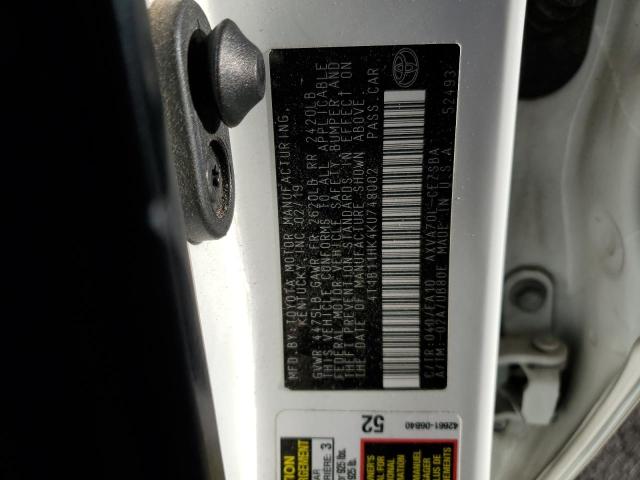 4T1B11HK4KU748002 - 2019 TOYOTA CAMRY L 白色 照片 12