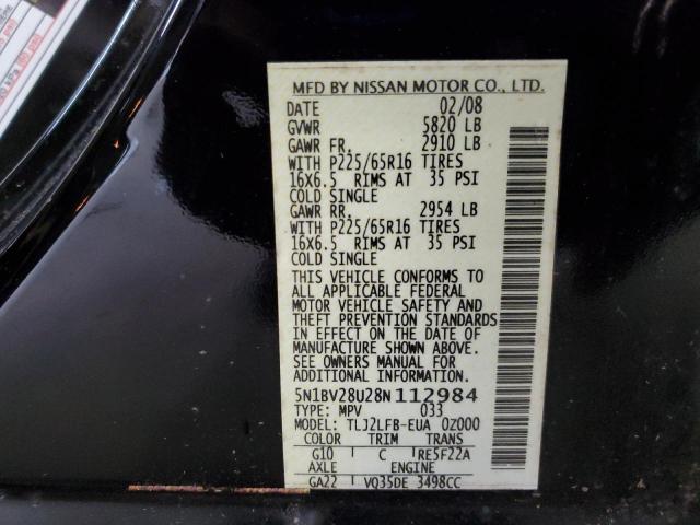 5N1BV28U28N112984 - 2008 NISSAN QUEST S BLACK photo 13