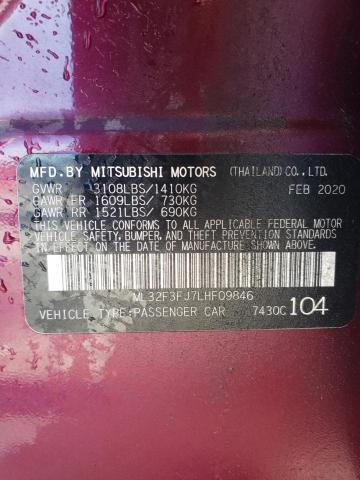 ML32F3FJ7LHF09846 - 2020 MITSUBISHI MIRAGE G4 ES ბურგუნდია ფოტო 12