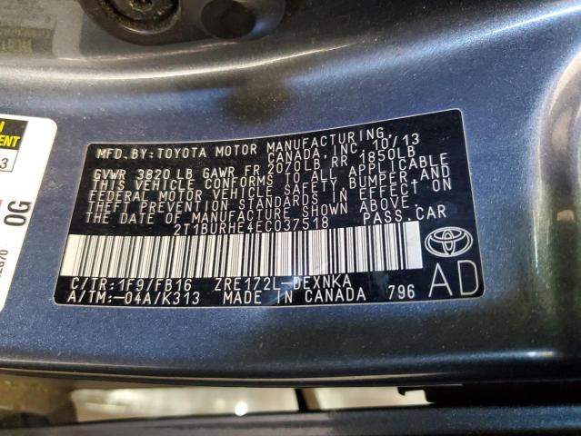 2T1BURHE4EC037518 - 2014 TOYOTA COROLLA L GRAY photo 12