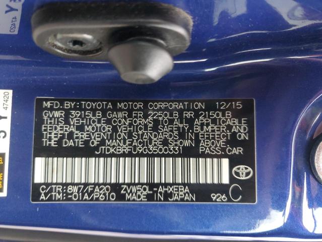 JTDKBRFU9G3500331 - 2016 TOYOTA PRIUS 蓝色 照片 12