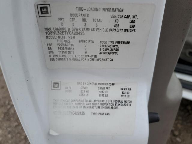 1G3NL52E7YC422425 - 2000 OLDSMOBILE ALERO GL Белый фото 12