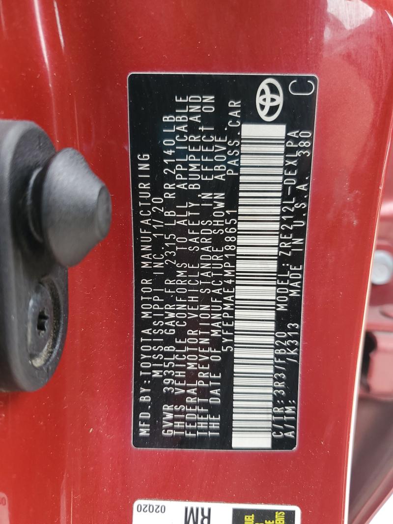 5YFEPMAE4MP188651 - 2021 TOYOTA COROLLA LE Bordo fotoğraf 12