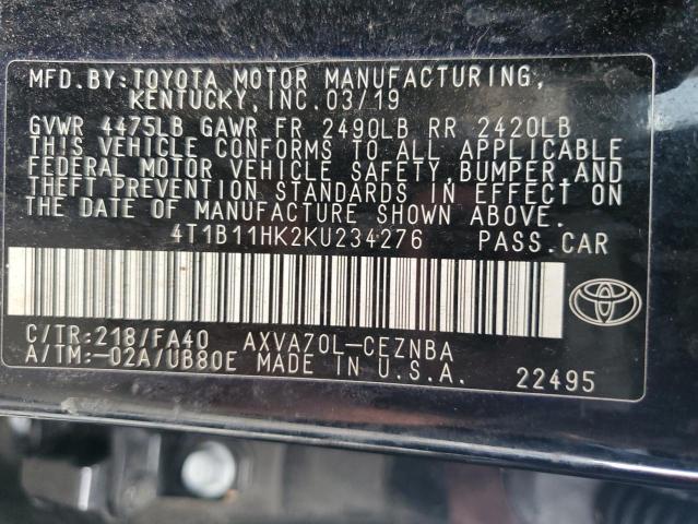 4T1B11HK2KU234276 - 2019 TOYOTA CAMRY L BLACK photo 12