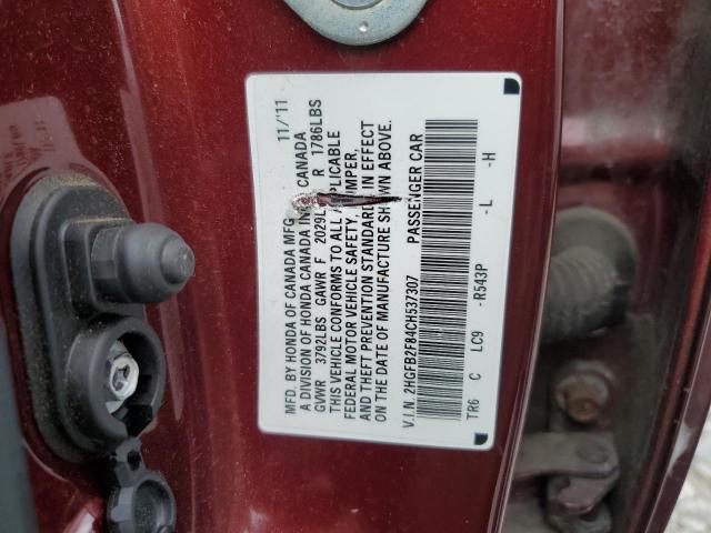 2HGFB2F84CH537307 - 2012 HONDA CIVIC EX MAROON photo 12
