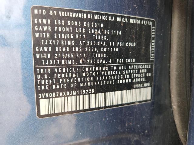 3VV0B7AX0JM119228 - 2018 VOLKSWAGEN TIGUAN S Синий фото 13