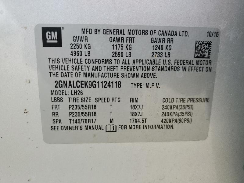 2GNALCEK9G1124118 - 2016 CHEVROLET EQUINOX LT SILVER photo 13