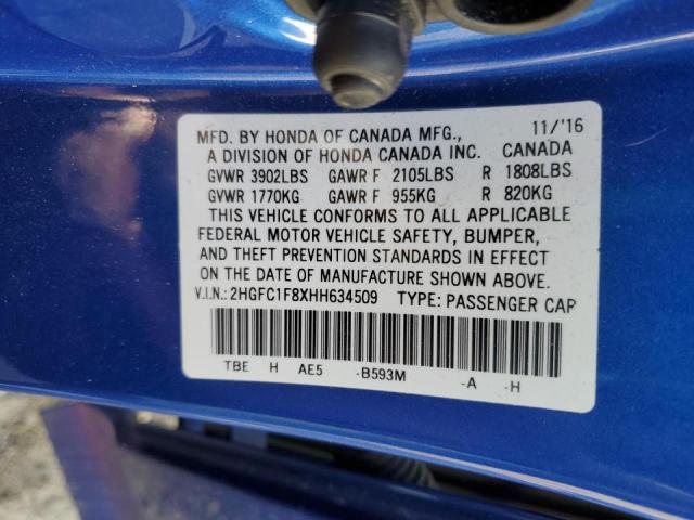 2HGFC1F8XHH634509 - 2017 HONDA CIVIC EX BLUE photo 12