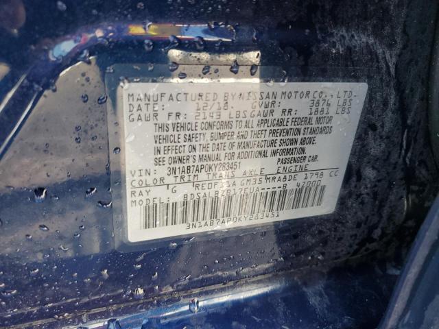 3N1AB7AP0KY283451 - 2019 NISSAN SENTRA S أزرق صورة 12