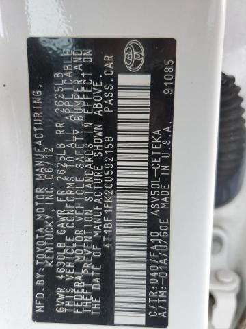 4T1BF1FK2CU592158 - 2012 TOYOTA CAMRY BASE WHITE photo 13