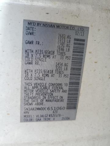 5N1AR2MN0DC651060 - 2013 NISSAN PATHFINDER S WHITE photo 13