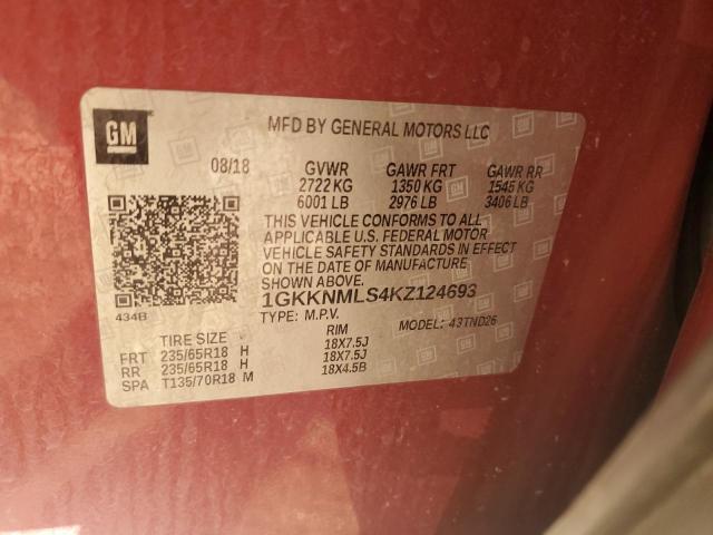 1GKKNMLS4KZ124693 - 2019 GMC ACADIA SLT-1 Czerwony zdjęcie 14