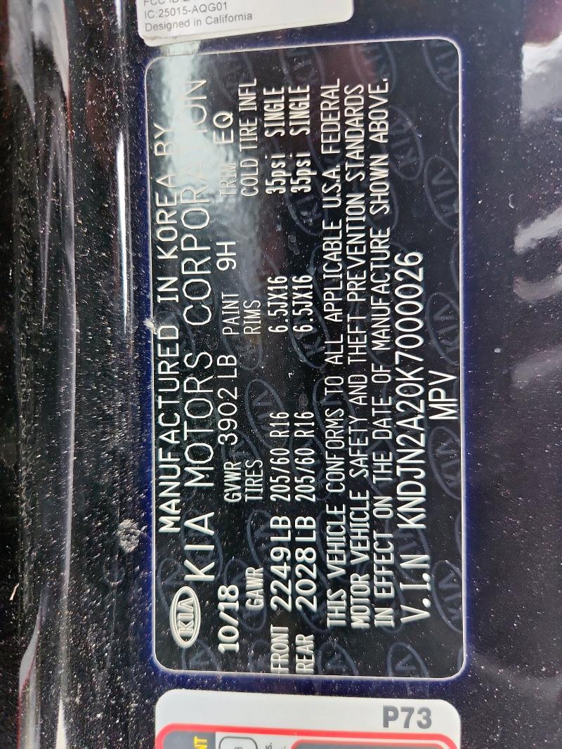 KNDJN2A20K7000026 - 2019 KIA SOUL BLACK photo 14