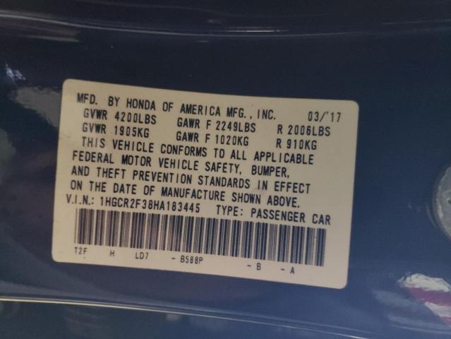 1HGCR2F38HA183445 - 2017 HONDA ACCORD LX BLUE photo 12