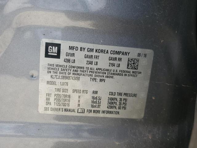 KL7CJLSB9KB743450 - 2019 CHEVROLET TRAX 1LT ვერცხლისფერი ფოტო 13