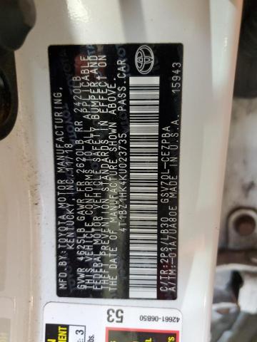 4T1BZ1HK4KU023735 - 2019 TOYOTA CAMRY XSE თეთრი ფოტო 12