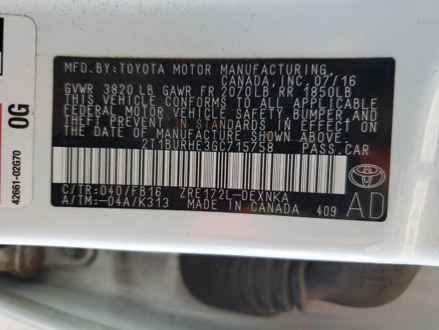 2T1BURHE3GC715758 - 2016 TOYOTA COROLLA L WHITE photo 12