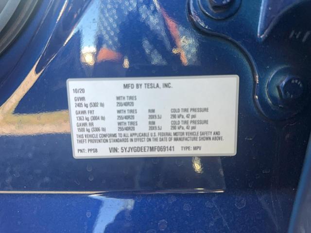 5YJYGDEE7MF069141 - 2021 TESLA MODEL Y Կապույտ լուսանկար 10