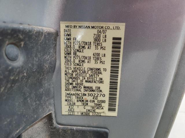 1N6AA06C58N302270 - 2008 NISSAN TITAN XE 银色 照片 12