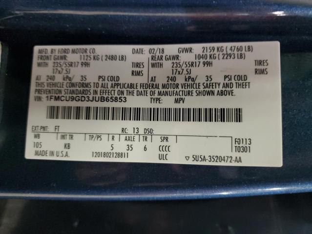 1FMCU9GD3JUB65853 - 2018 FORD ESCAPE SE Niebieski zdjęcie 12