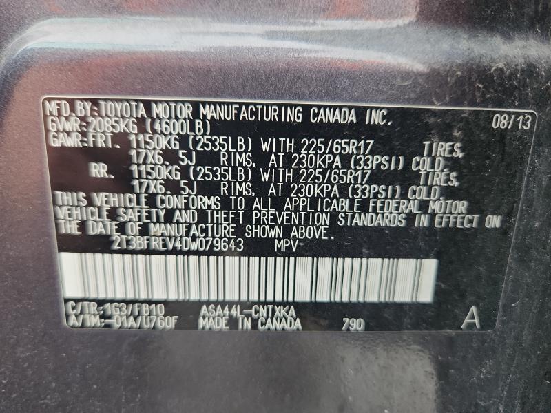 2T3BFREV4DW079643 - 2013 TOYOTA RAV4 LE ნაცრისფერი ფოტო 13