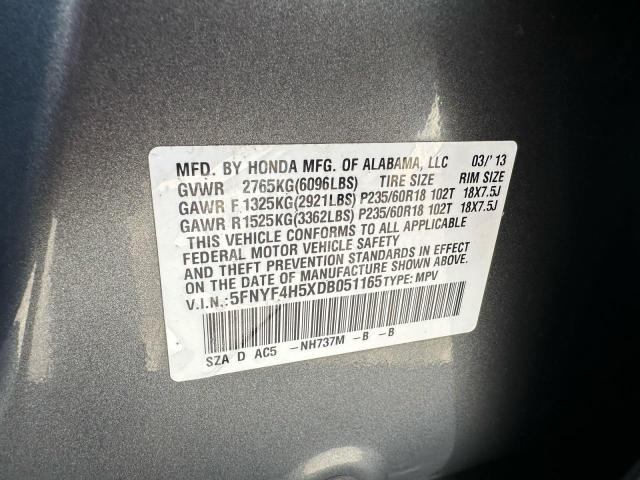 5FNYF4H5XDB051165 - 2013 HONDA PILOT EXL GRAY photo 10
