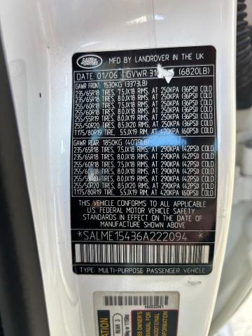 SALME15436A222094 - 2006 LAND ROVER RANGE ROVE HSE WHITE photo 10