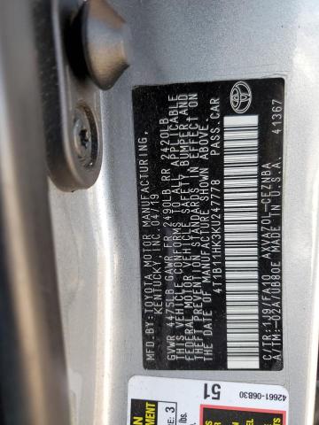 4T1B11HK3KU247778 - 2019 TOYOTA CAMRY L SILVER photo 12