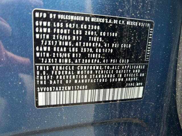 3VV0B7AX2KM117496 - 2019 VOLKSWAGEN TIGUAN S Bleu photo 10