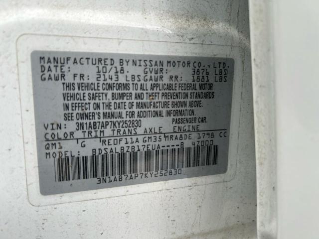 3N1AB7AP7KY252830 - 2019 NISSAN SENTRA S 白色 照片 10