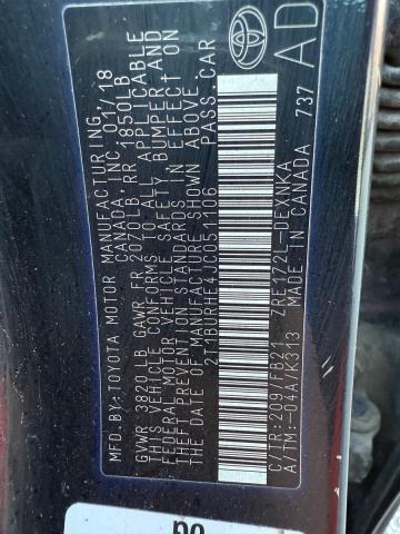 2T1BURHE4JC051106 - 2018 TOYOTA COROLLA L Qara foto 10