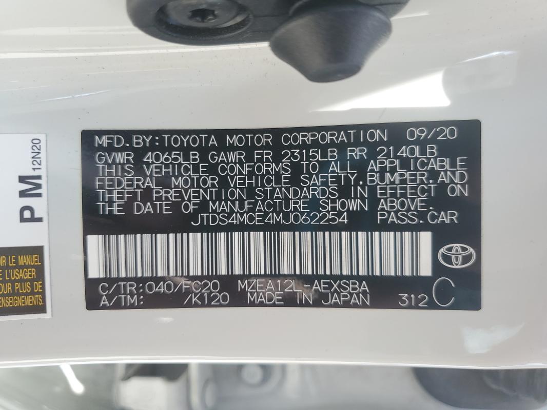 JTDS4MCE4MJ062254 - 2021 TOYOTA COROLLA SE WHITE photo 12