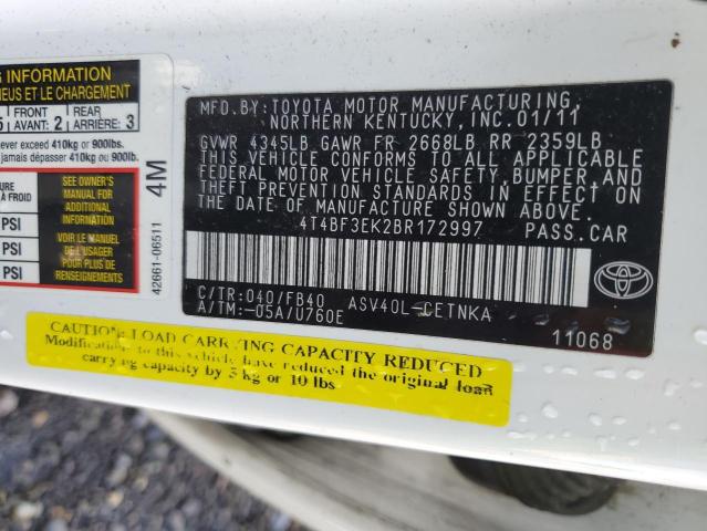 4T4BF3EK2BR172997 - 2011 TOYOTA CAMRY BASE Білий фото 12