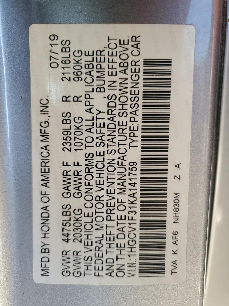 1HGCV1F31KA141759 - 2019 HONDA ACCORD SPORT Gümüş foto 14