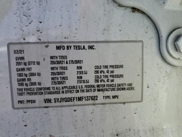 5YJYGDEF1MF137622 - 2021 TESLA MODEL Y WHITE photo 13