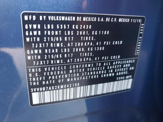 3VV0B7AX2KM042198 - 2019 VOLKSWAGEN TIGUAN S BLUE photo 13