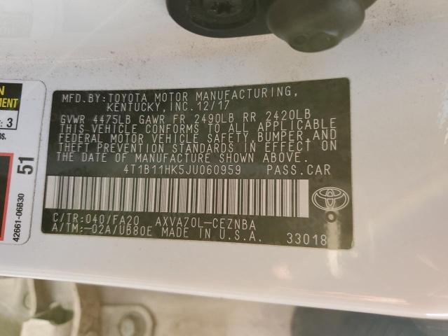 4T1B11HK5JU060959 - 2018 TOYOTA CAMRY L WHITE photo 12