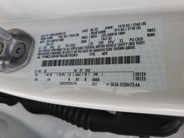1FMCU0H67NUB78283 - 2022 FORD ESCAPE SEL WHITE photo 13